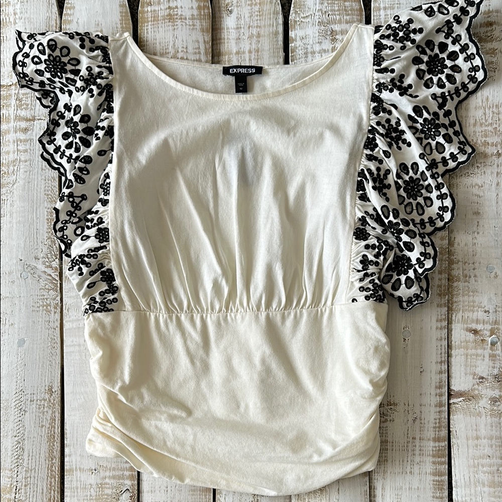 Express Ivory Black Embroidered Flutter Sleeve Shirt Size M New NWT